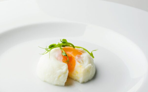 Elegant poached egg with microgreens on a plate, showcasing culinary artistry.