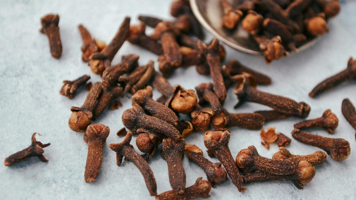 A close-up image of aromatic dry cloves scattered on a spoon over a gray surface.