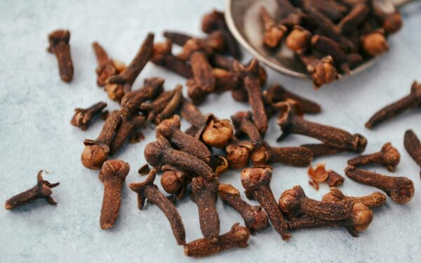 A close-up image of aromatic dry cloves scattered on a spoon over a gray surface.