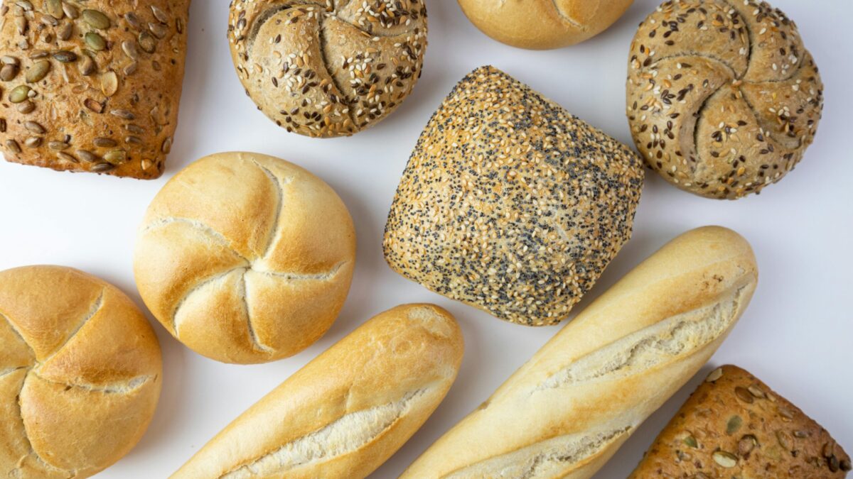 A flat lay of various freshly baked breads showcasing texture and variety.