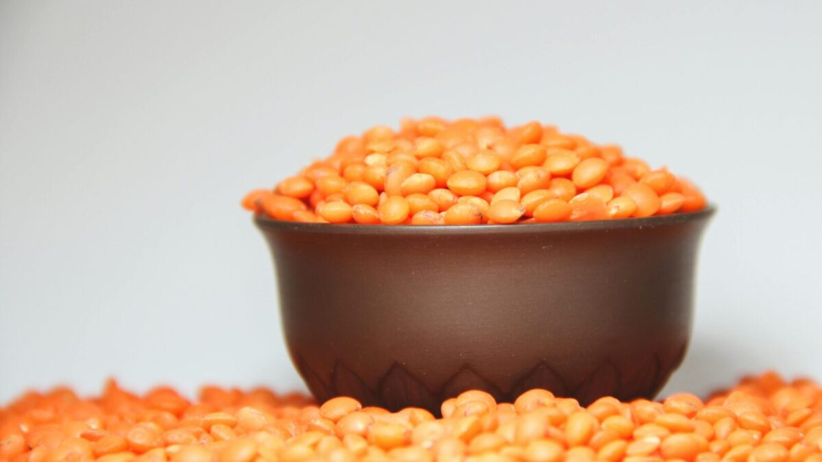 A focused image of a bowl filled with vibrant red lentils against a plain background.