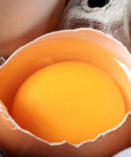 High-resolution photo showing a broken egg with yolk on display in an egg carton.