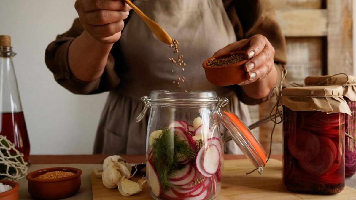 Close-up of hands preparing homemade pickles with spices in a rustic kitchen setting.