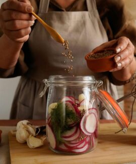 Close-up of hands preparing homemade pickles with spices in a rustic kitchen setting.