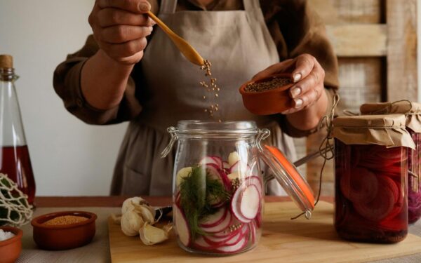 Close-up of hands preparing homemade pickles with spices in a rustic kitchen setting.