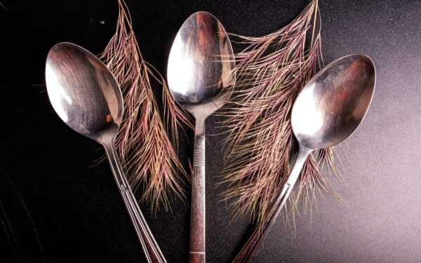 Three metallic spoons creatively arranged with pine leaves on a textured surface.