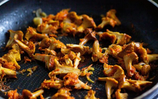 Delicious sautéed chanterelle mushrooms seasoned perfectly in a pan. Perfect for gourmet recipes.