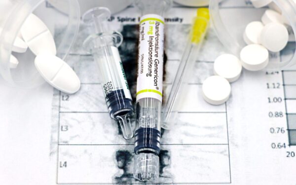 Close-up of syringes and pills on a bone density exam sheet, depicting osteoporosis treatment.