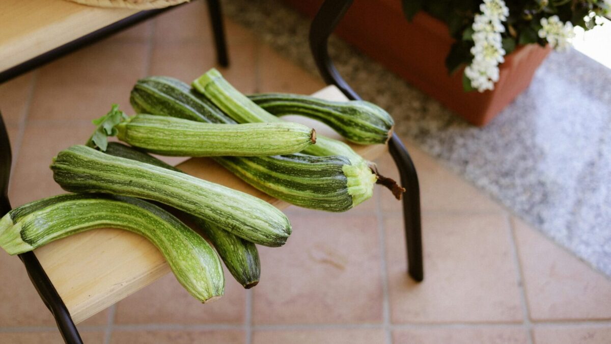 A collection of fresh green zucchinis displayed on a wooden bench outdoors.