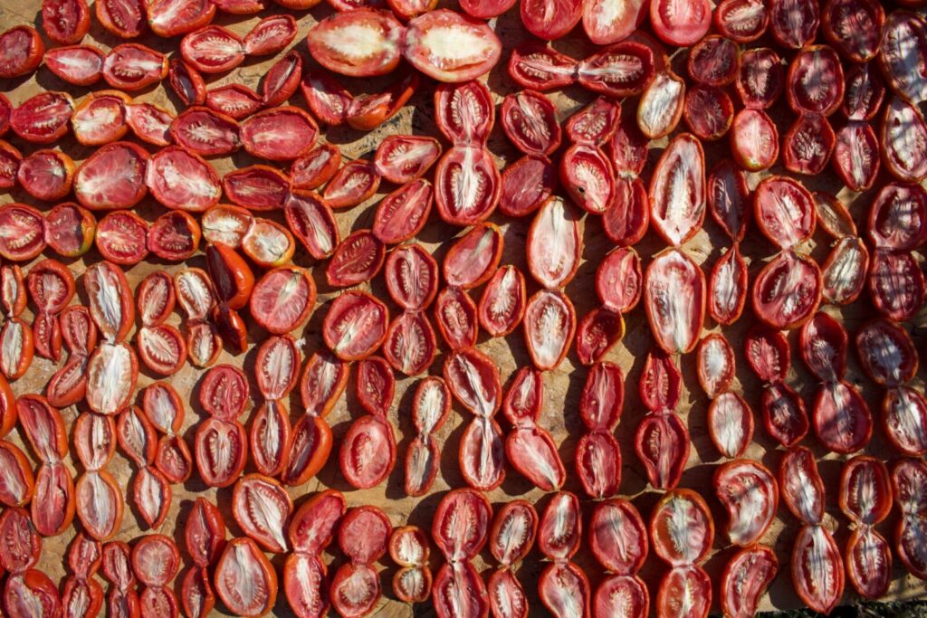 Flat lay of sliced tomatoes drying in the sun. Vibrant red tones and organic textures.
