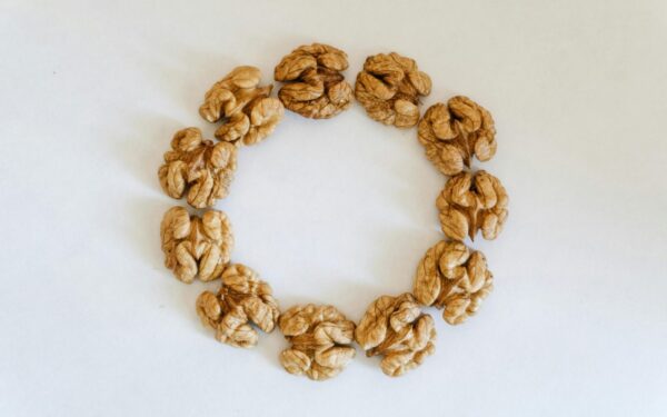 Top view of walnuts arranged in a circle on a white background, showcasing texture.
