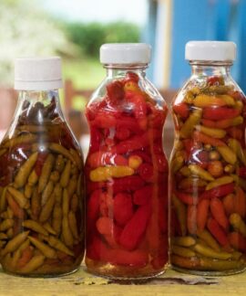 Close-up of vibrant pickled peppers in glass bottles captured in Morretes, Brazil.