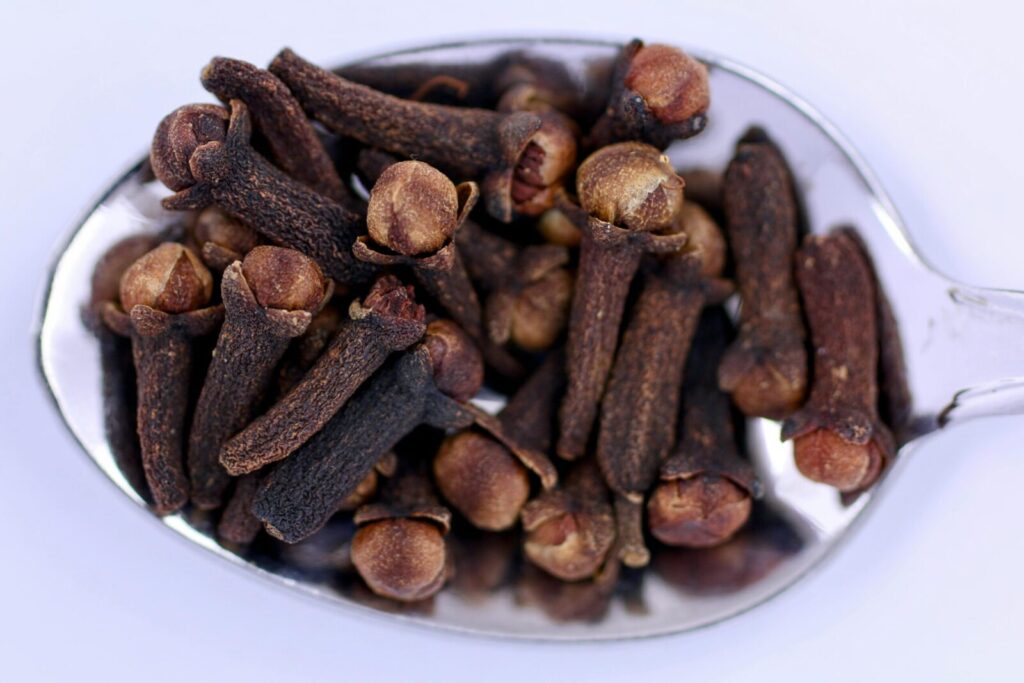 A detailed view of dried cloves on a shiny metal teaspoon, ideal for seasoning or kitchen use.