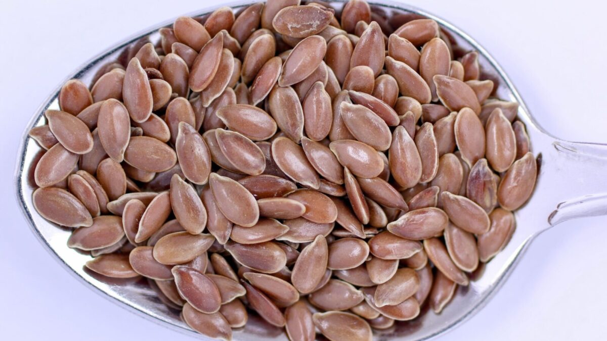 High-resolution close-up of flaxseeds on a metal spoon, showcasing detail and texture.