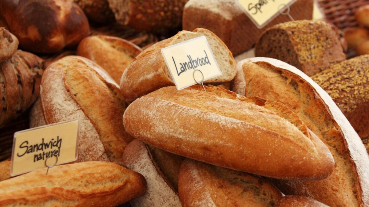 Assorted artisan bread loaves at a bakery, showcasing fresh and rustic textures.