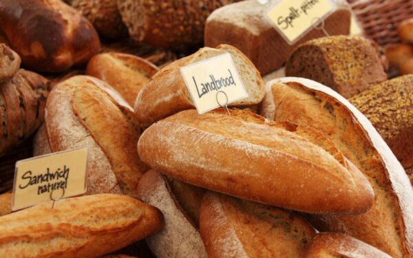 Assorted artisan bread loaves at a bakery, showcasing fresh and rustic textures.