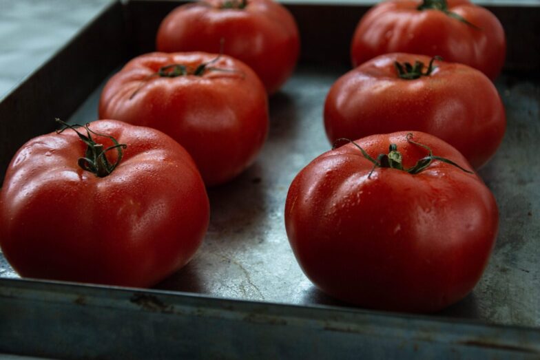 Close-up of fresh ripe tomatoes resting on a metal tray, showcasing organic produce.