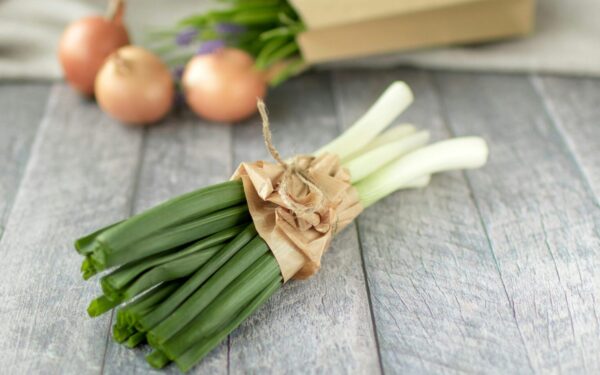A bundle of fresh leeks and onions on a rustic wooden surface, ideal for cooking inspiration.