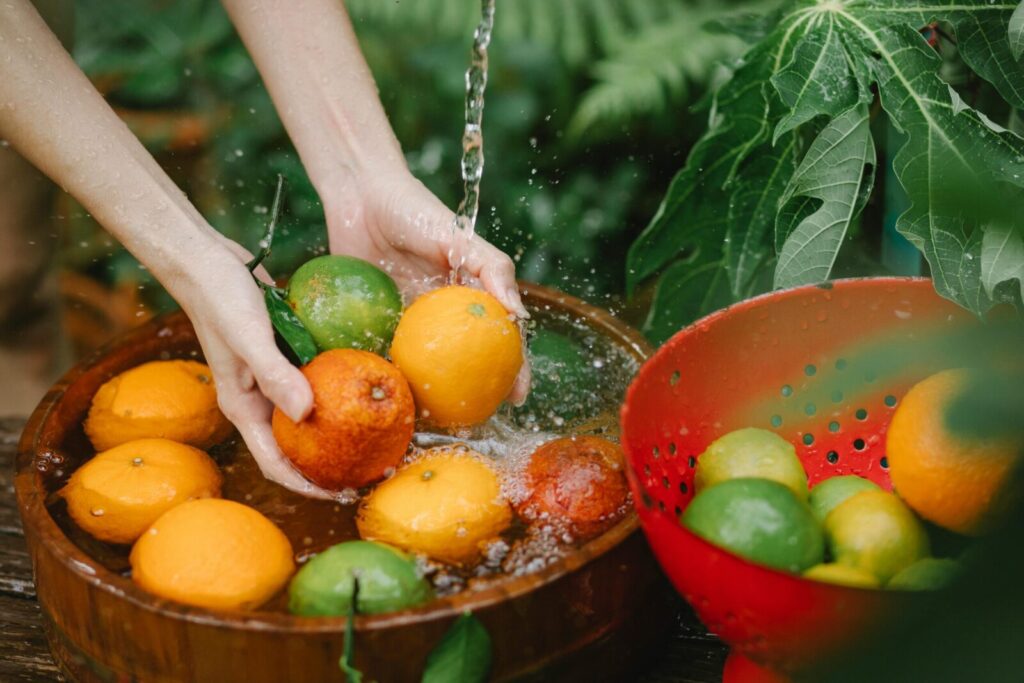 Crop anonymous female washing fresh ripe oranges and mandarins with fresh clear water in green garden