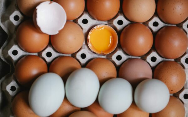 Top view of yolk in broken eggshell among whole eggs in carton container
