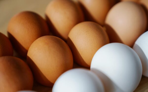 Close-up of brown and white eggs arranged on a surface, showcasing their texture and color.