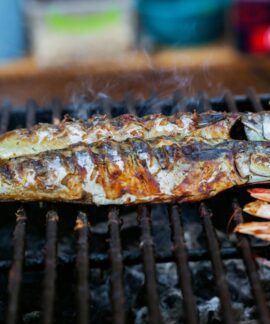 Close-up of grilled fish and shrimp cooking on an outdoor barbecue, showcasing delicious seafood options.
