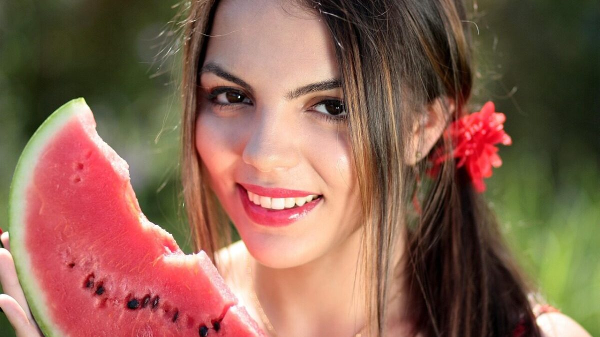 woman, nature, watermelon, summer, beautiful, happy