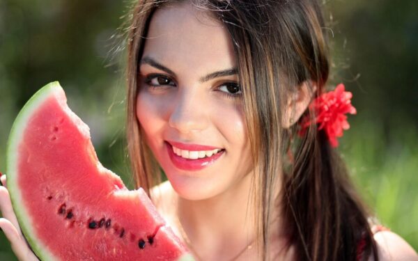 woman, nature, watermelon, summer, beautiful, happy