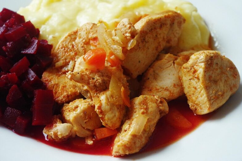 meal, lunch, chicken, a plate, dish, covered, potatoes