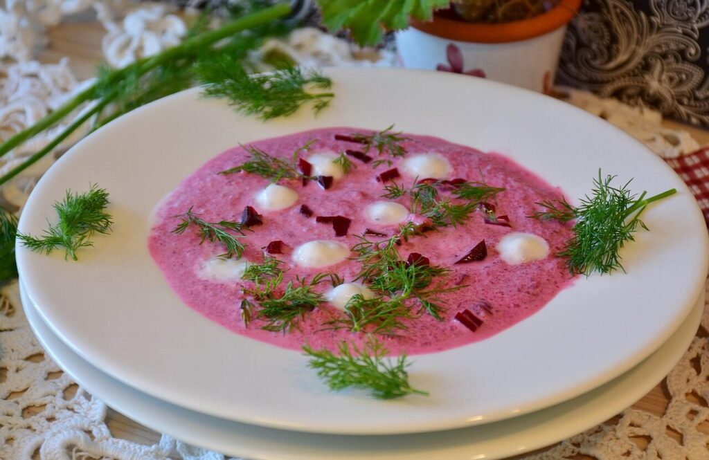 beetroot, soup, meal, food, yummy, salty, enjoy, snack, nourishment, starter, enjoyment, hot, vegetarian, cook, low carb, nature, kitchen, red beet, tuber, vegetables, red, healthy, fresh, garden, dill, sour cream