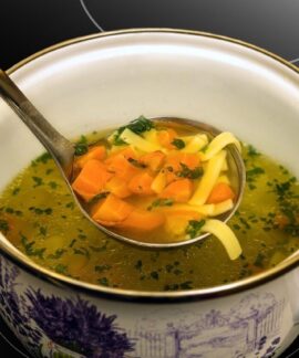chicken broth, meal, pot, stove, healthy, cold, strengthening, herbs, parsely, home remedies, noodles, carrots, broth, powerful, close up, ladle pot, nourishment, hot, warming, macro