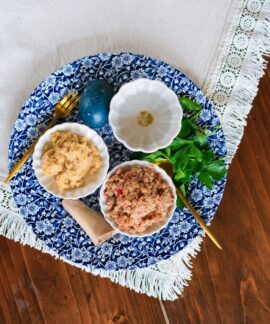Easter eggs and dips on a decorative plate