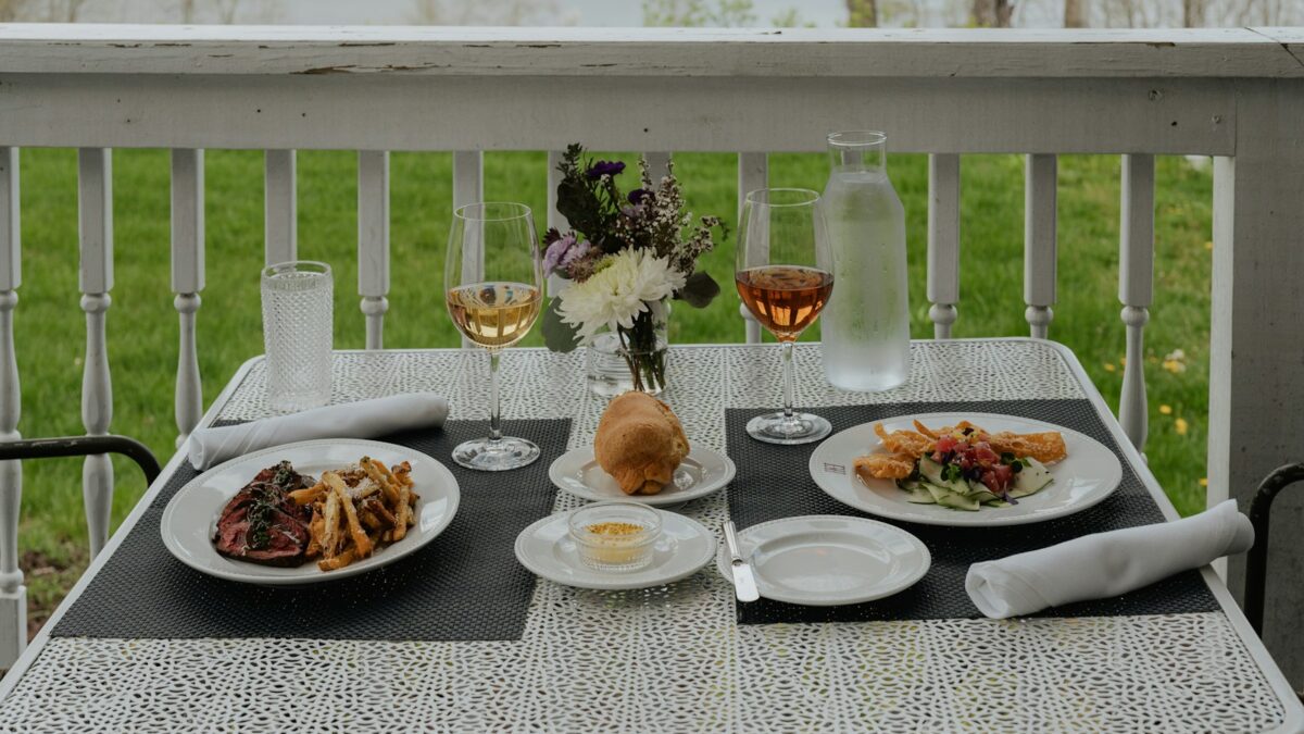 a table that has plates of food on it