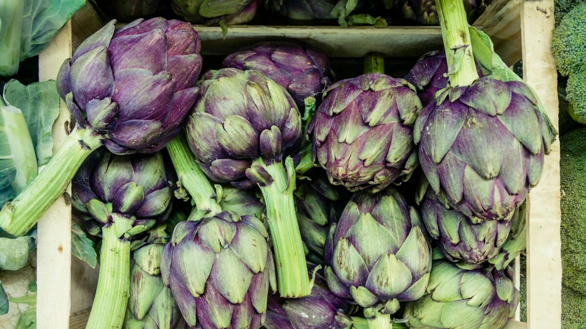 close-up photography of green and purple vegetables
