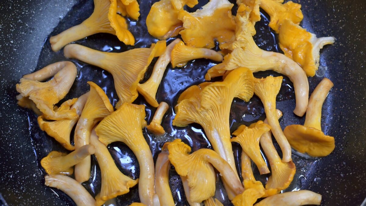 a frying pan filled with lots of yellow mushrooms