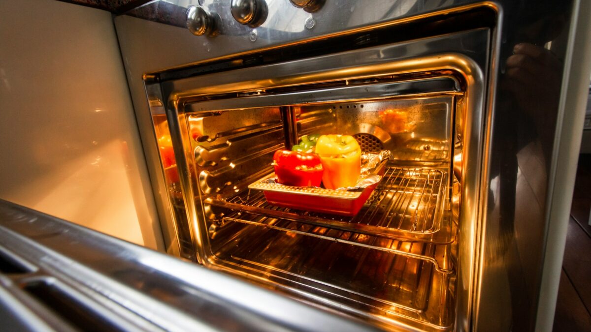 stainless steel oven with foods