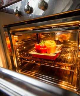 stainless steel oven with foods