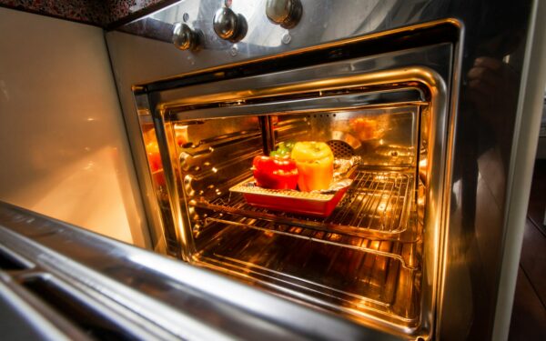 stainless steel oven with foods
